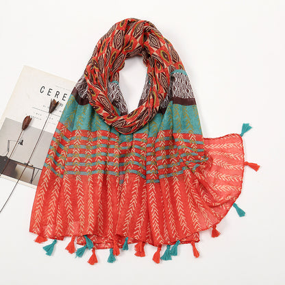 Couleur assortie Voile Coton Et Lin Écharpe Pompon Imprimé Femme