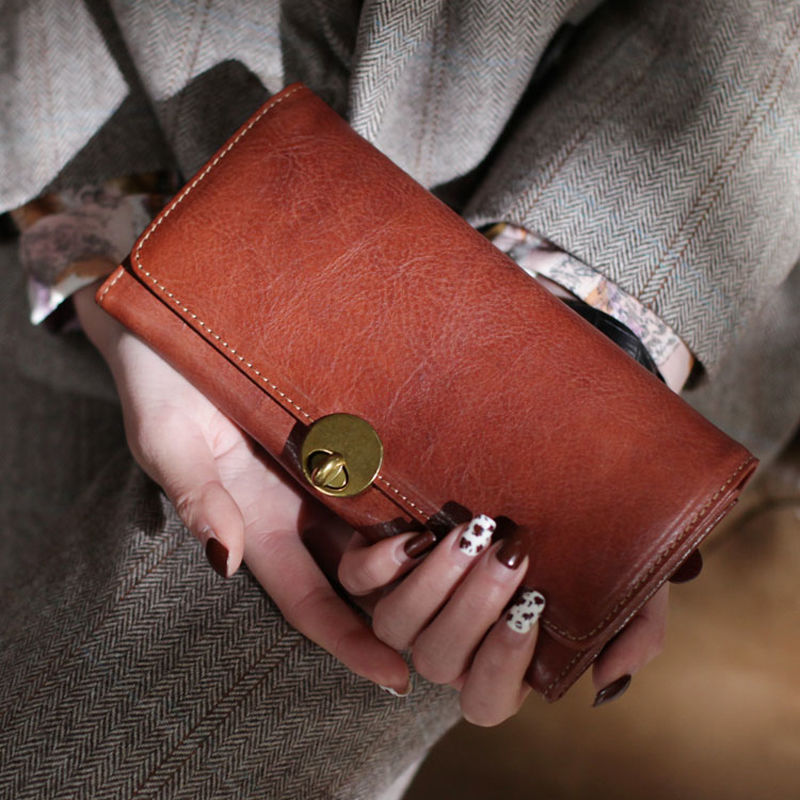 Portefeuille long et mince à deux couches Cowhide Lock pour femme