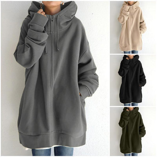 Sweat à capuche pour femmes en tissu pelucheux, sweat à capuche long, pull sportif à capuche, hoodie à zip complet.
