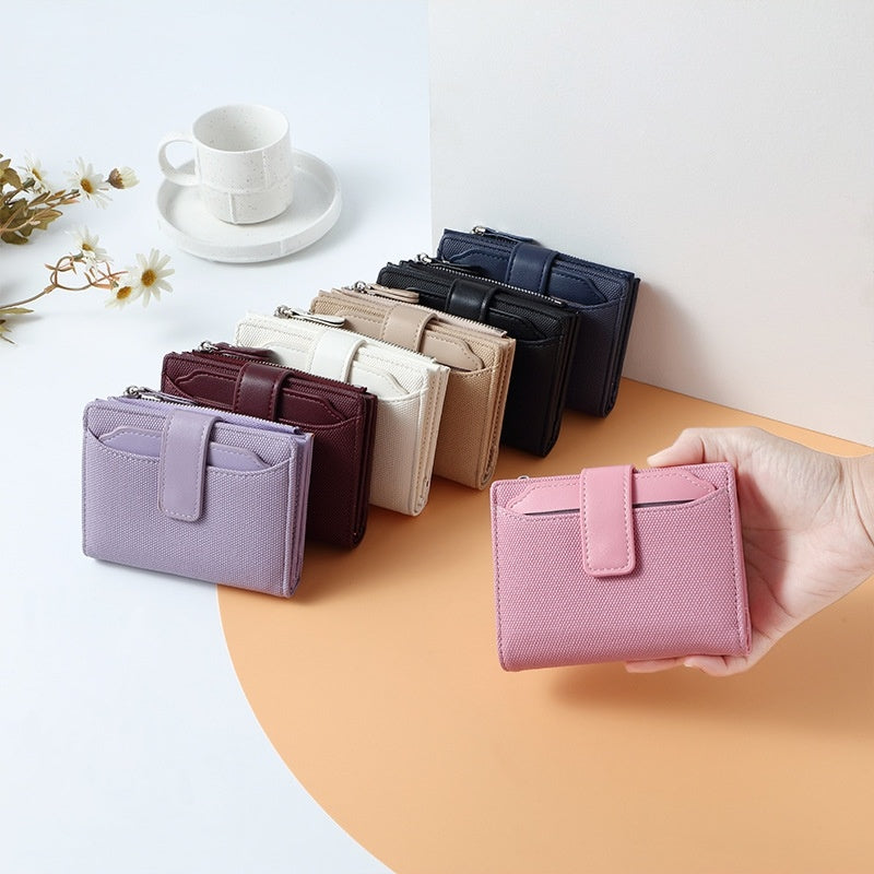 Portefeuille court en cuir de couleur unie pour femme