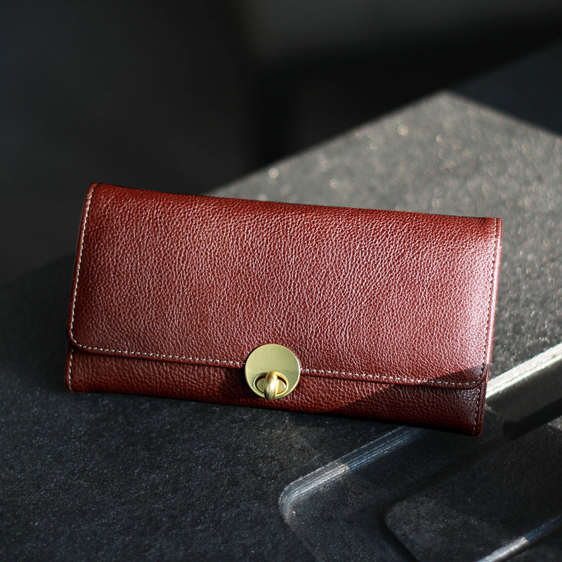 Portefeuille long et mince à deux couches Cowhide Lock pour femme