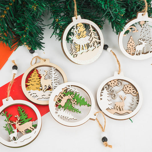 Décorations en bois d'arbre de Noël transfrontalières, pour fêtes, ameublement de maison, magasins de rassemblement, traitement et vente en gros de pendentifs de Noël 3D évidés.