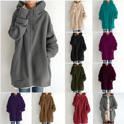 Sweat à capuche pour femmes en tissu pelucheux, sweat à capuche long, pull sportif à capuche, hoodie à zip complet.