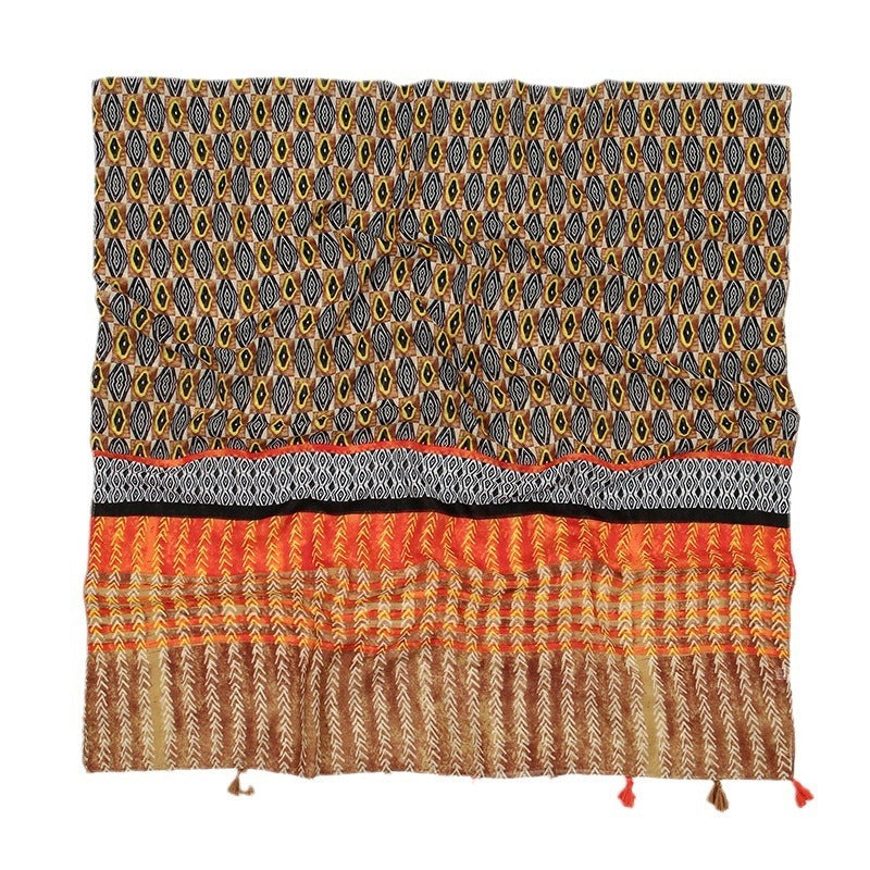 Couleur assortie Voile Coton Et Lin Écharpe Pompon Imprimé Femme
