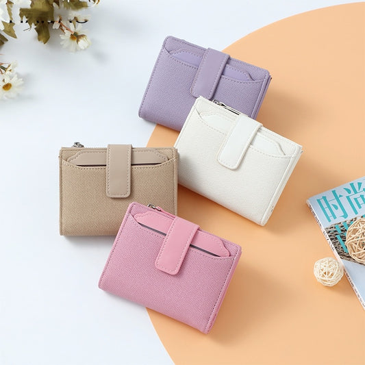 Portefeuille court en cuir de couleur unie pour femme
